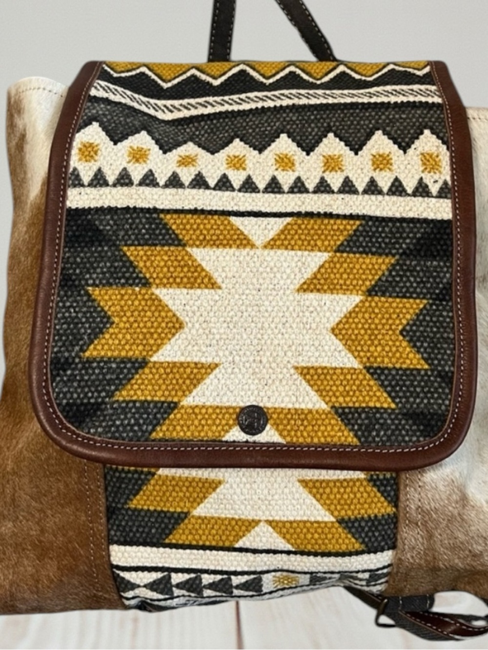 Myra Cowhide Leather Backpack Western Canvas Rug Boho Tribal School Travel Bag - Picture 5 of 12